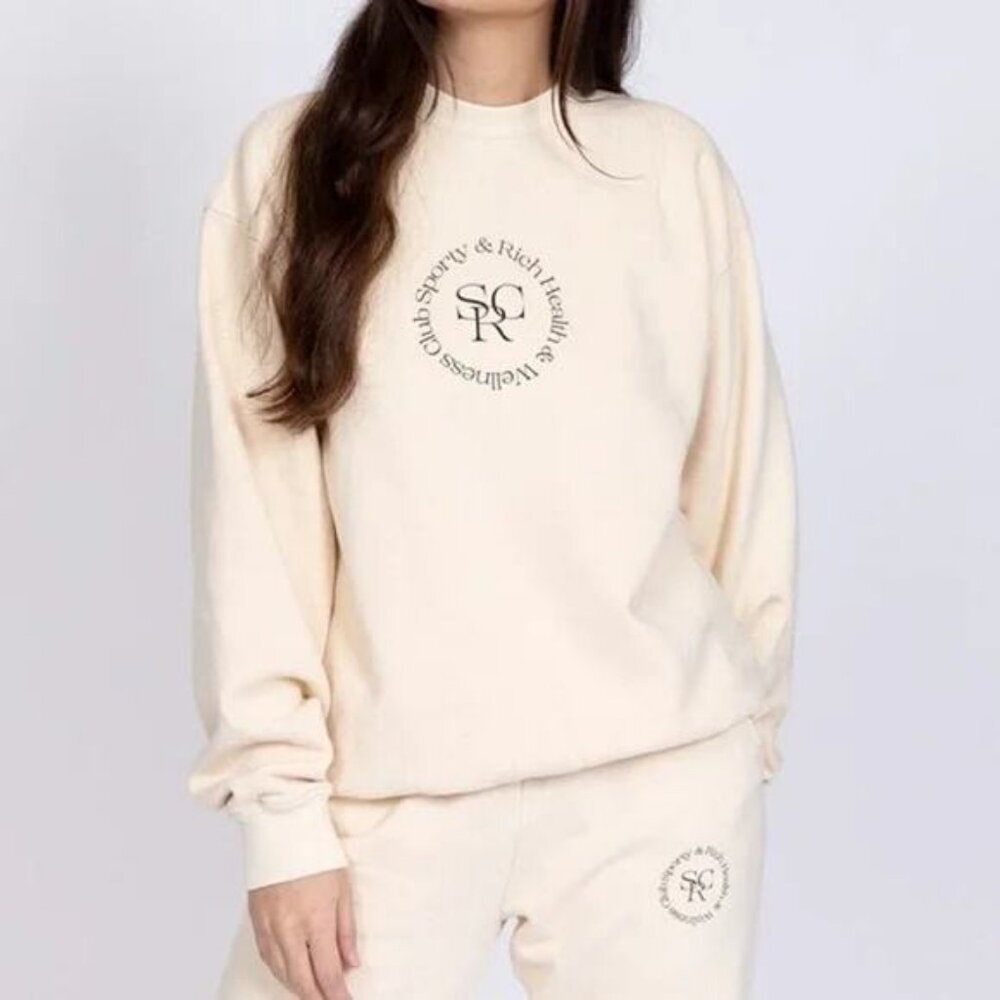 SPORTY & RICH SRHWC Crewneck Sweatshirt Size XS Beige / Black Made in USA